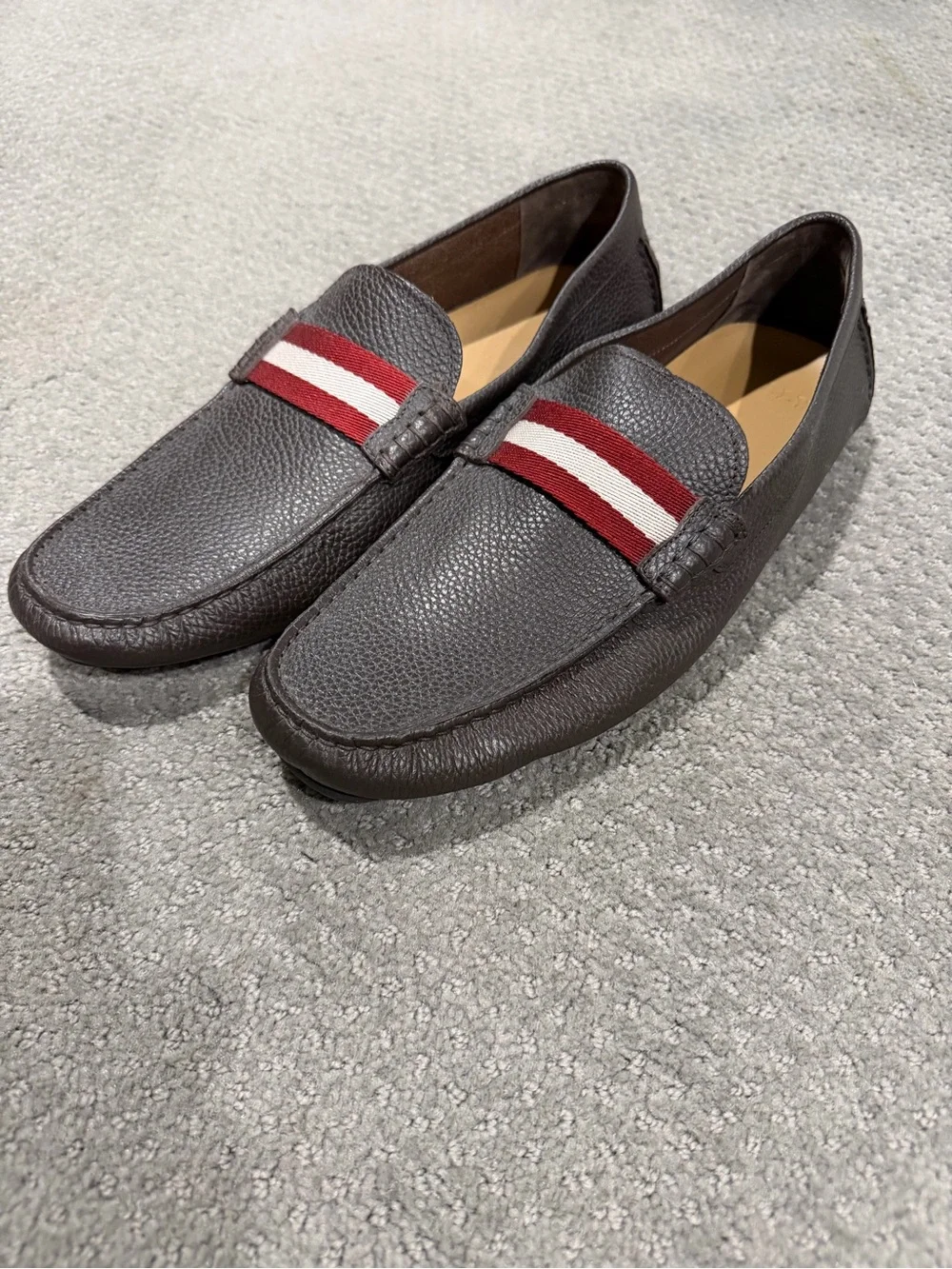 Bally Brown Pebbled Leather Loafers with Red & White Webbing